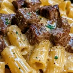 Cajun Steak Tips in Cheesy Rigatoni Parmesan Sauce