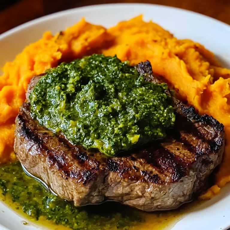 Steak with Green Sauce and Mashed Sweet Potatoes